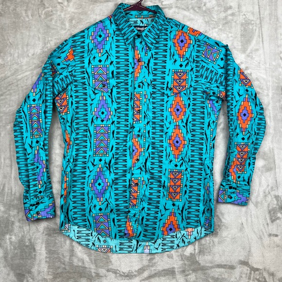 Wrangler Other - Wrangler Cowboy Cut Aztec Western Shirt Mens 16.5-35 Turquoise Geometric Cotton